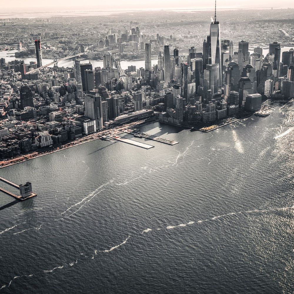 Aerial view of New York City in greyscale